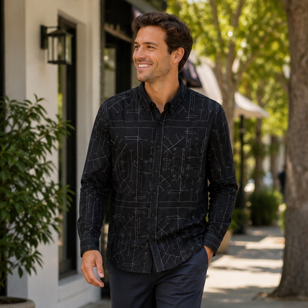 $198 BILLY REID Made in Italy Shirt Men 2XL Long Sleeve Geometric Standard Black